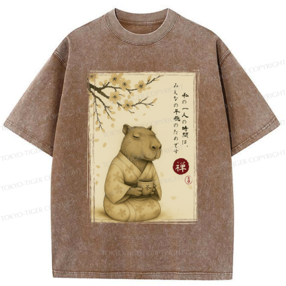 Tokyo-Tiger Japanese Zen Capybara Chado Poster Washed T-Shirt