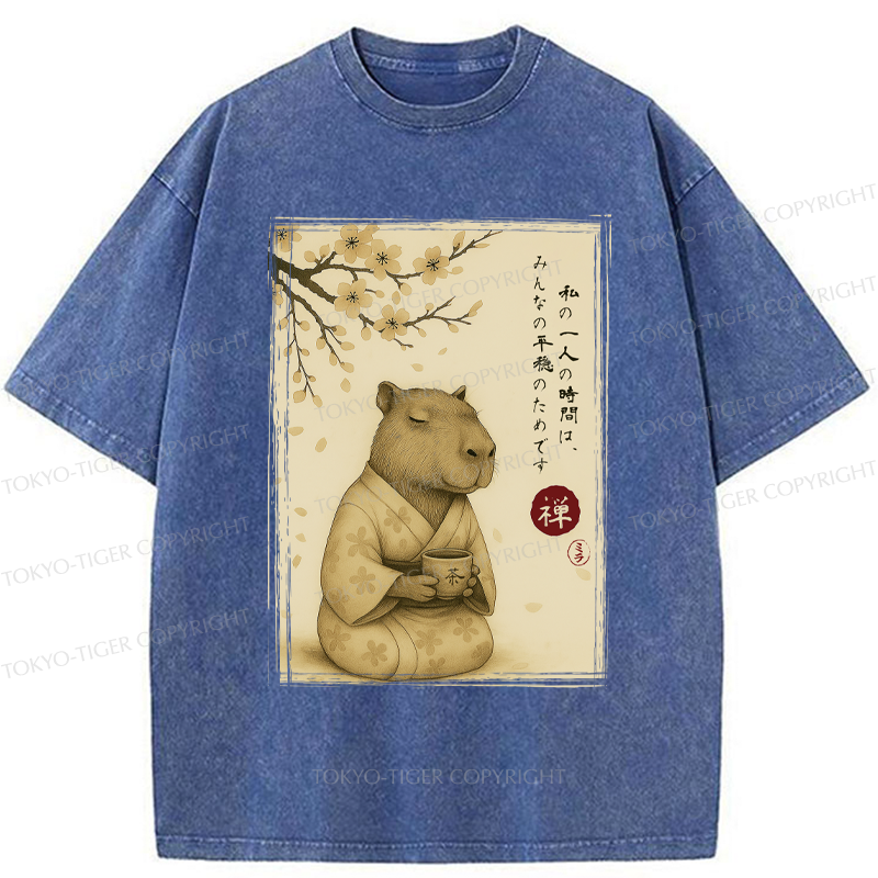 Tokyo-Tiger Japanese Zen Capybara Chado Poster Washed T-Shirt