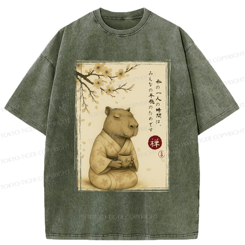 Tokyo-Tiger Japanese Zen Capybara Chado Poster Washed T-Shirt