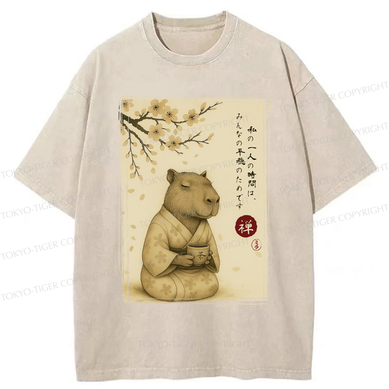 Tokyo-Tiger Japanese Zen Capybara Chado Poster Washed T-Shirt