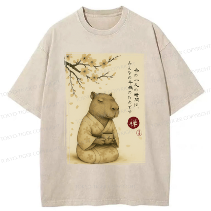 Tokyo-Tiger Japanese Zen Capybara Chado Poster Washed T-Shirt