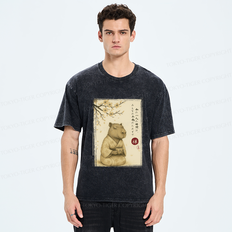 Tokyo-Tiger Japanese Zen Capybara Chado Poster Washed T-Shirt