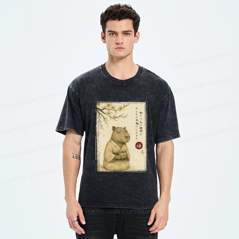 Tokyo-Tiger Japanese Zen Capybara Chado Poster Washed T-Shirt