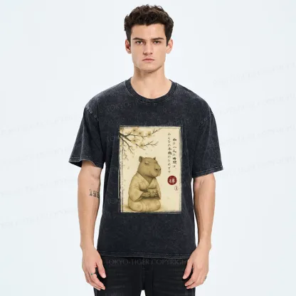 Tokyo-Tiger Japanese Zen Capybara Chado Poster Washed T-Shirt