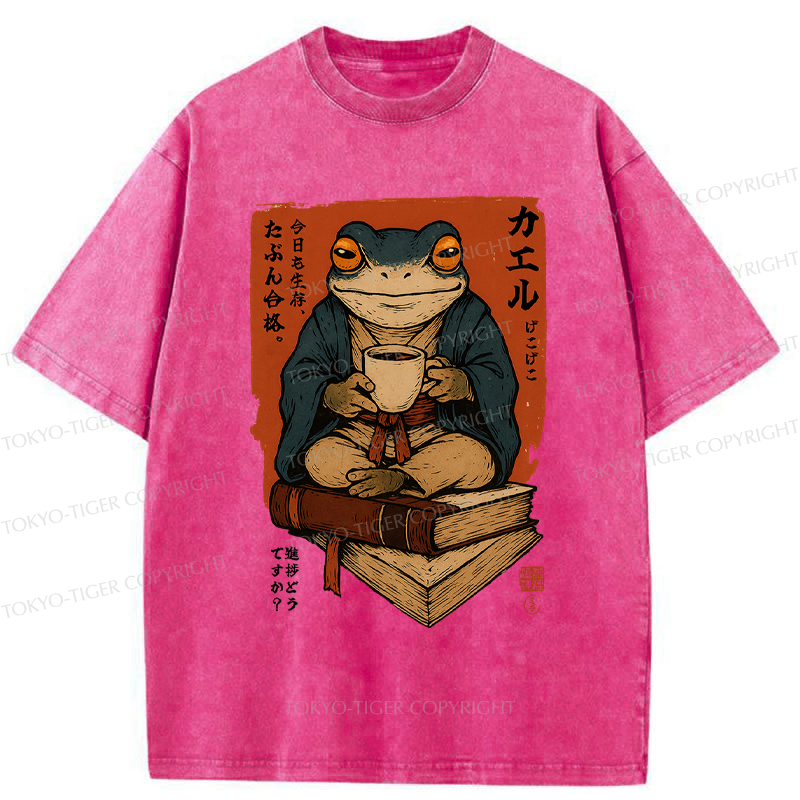 Tokyo-Tiger Funny Ukiyoe Frog drinking coffee on books Washed T-Shirt