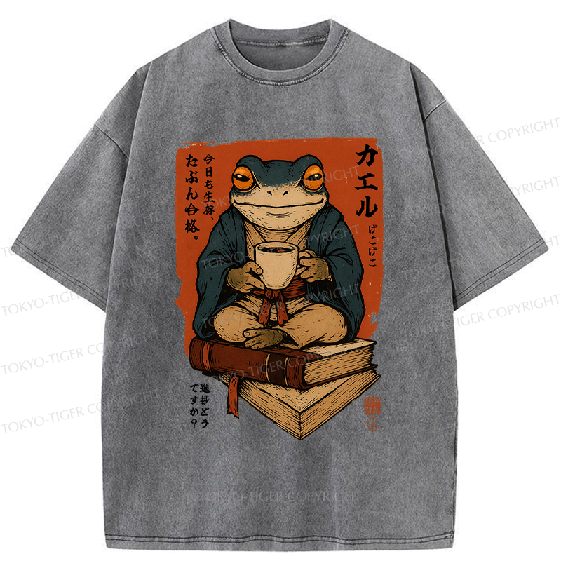 Tokyo-Tiger Funny Ukiyoe Frog drinking coffee on books Washed T-Shirt