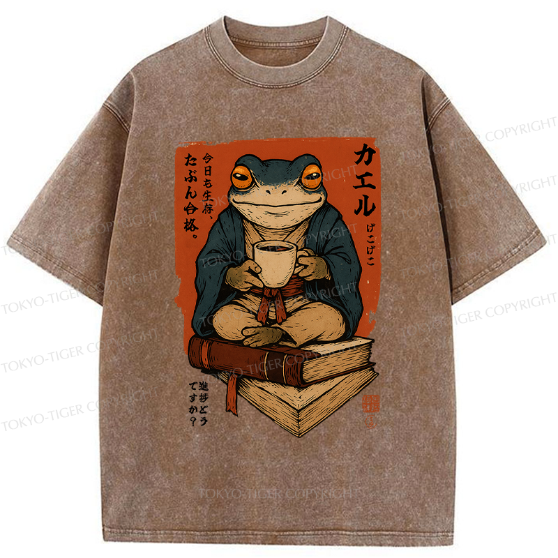 Tokyo-Tiger Funny Ukiyoe Frog drinking coffee on books Washed T-Shirt