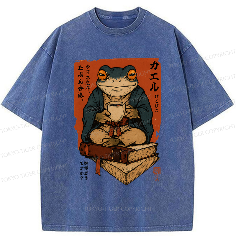 Tokyo-Tiger Funny Ukiyoe Frog drinking coffee on books Washed T-Shirt