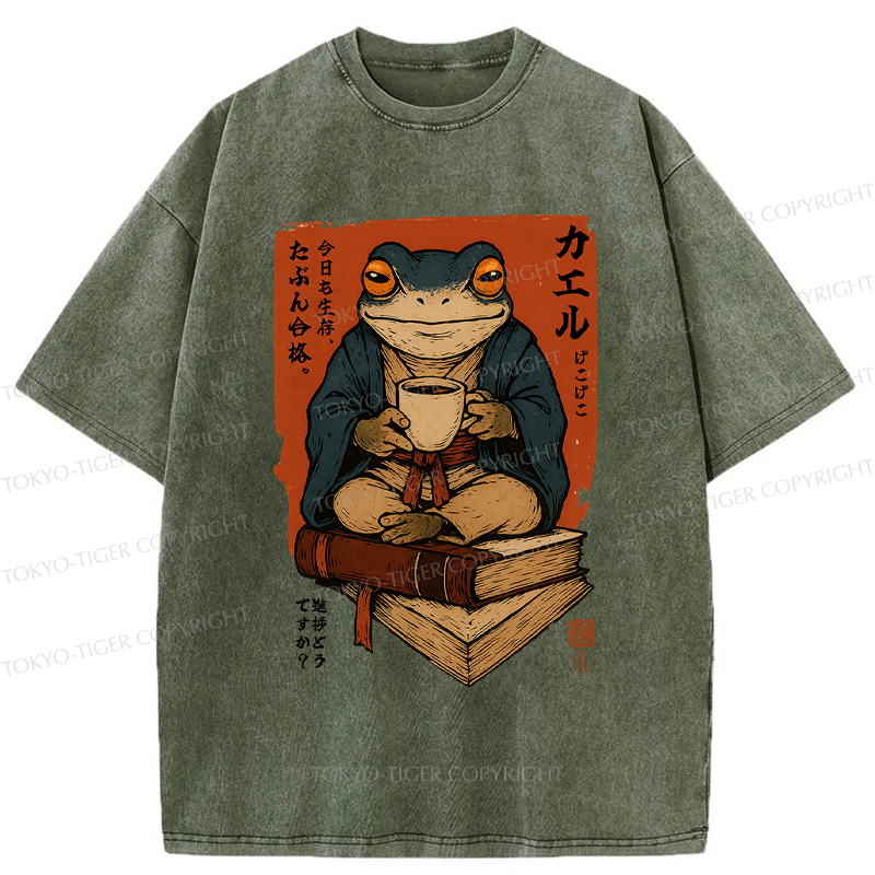 Tokyo-Tiger Funny Ukiyoe Frog drinking coffee on books Washed T-Shirt