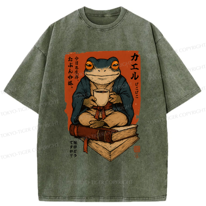 Tokyo-Tiger Funny Ukiyoe Frog drinking coffee on books Washed T-Shirt