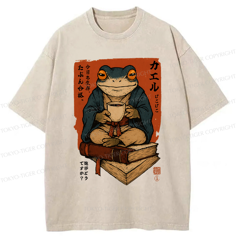 Tokyo-Tiger Funny Ukiyoe Frog drinking coffee on books Washed T-Shirt