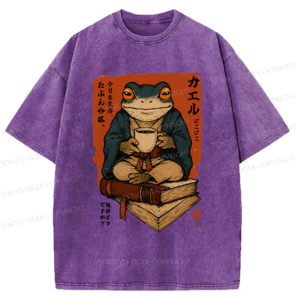Tokyo-Tiger Funny Ukiyoe Frog drinking coffee on books Washed T-Shirt