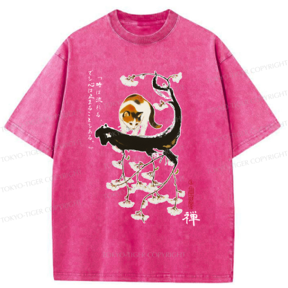Tokyo-Tiger Cat On The Sakura Tree Washed T-Shirt