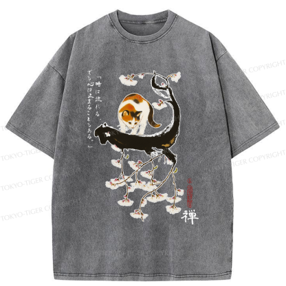 Tokyo-Tiger Cat On The Sakura Tree Washed T-Shirt