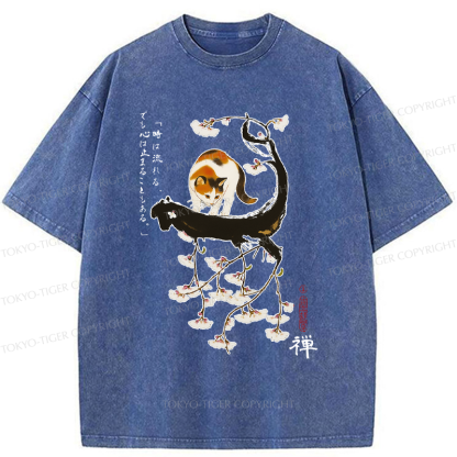 Tokyo-Tiger Cat On The Sakura Tree Washed T-Shirt