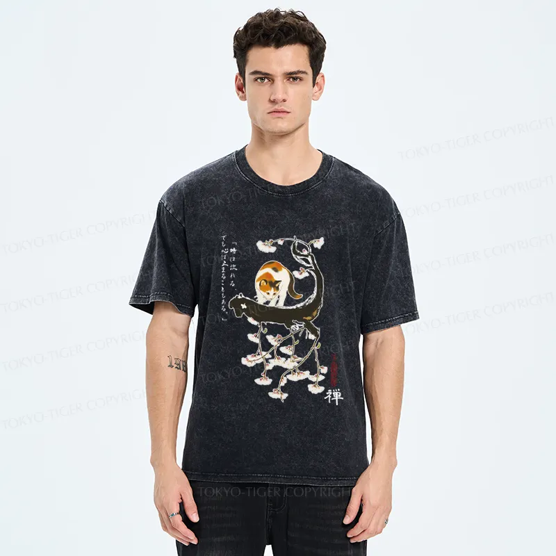 Tokyo-Tiger Cat On The Sakura Tree Washed T-Shirt