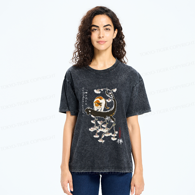 Tokyo-Tiger Cat On The Sakura Tree Washed T-Shirt