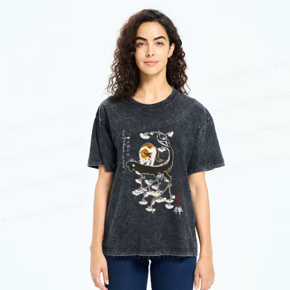 Tokyo-Tiger Cat On The Sakura Tree Washed T-Shirt