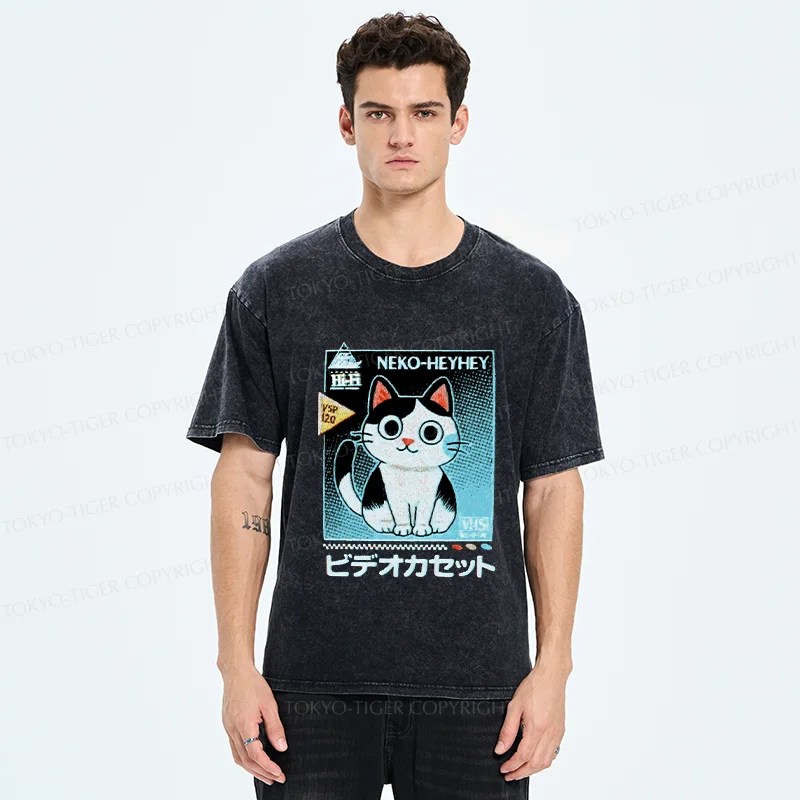 Tokyo-Tiger Retro Cat Videos Washed T-Shirt