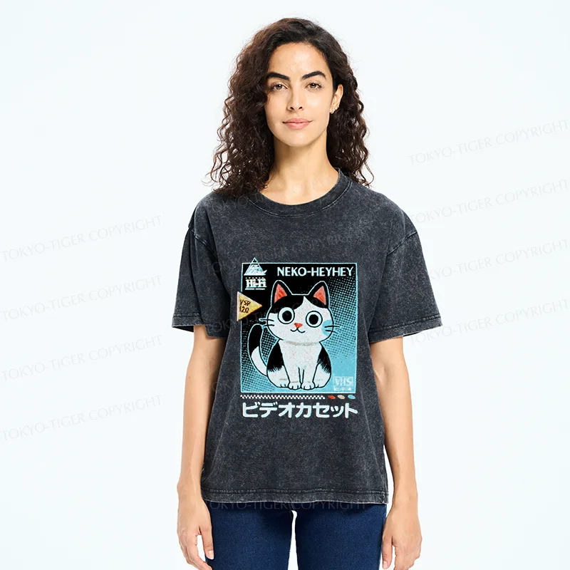 Tokyo-Tiger Retro Cat Videos Washed T-Shirt