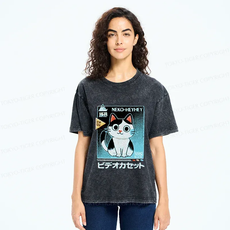 Tokyo-Tiger Retro Cat Videos Washed T-Shirt
