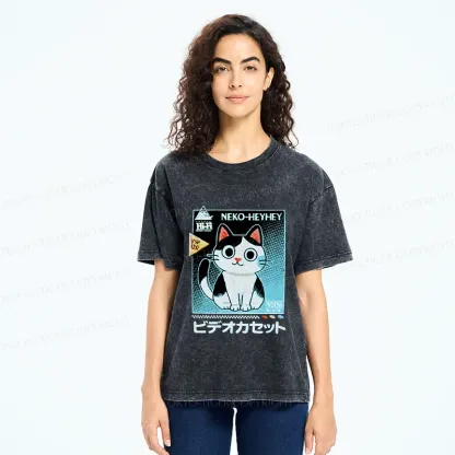 Tokyo-Tiger Retro Cat Videos Washed T-Shirt