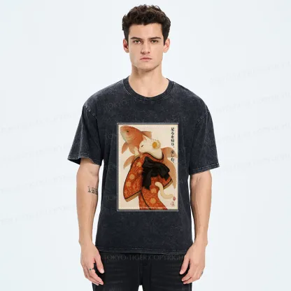 Tokyo-Tiger Japanese Ukiyoe Cat And Fish Poster Washed T-Shirt