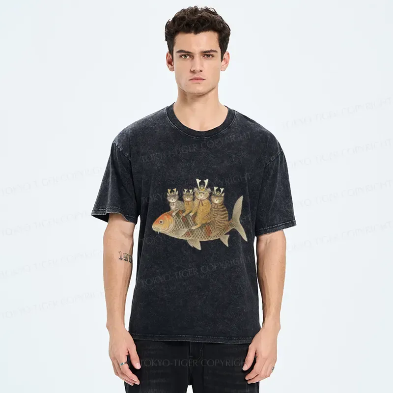 Tokyo-Tiger Funny Samurai Cat Riding a Fish Washed T-Shirt