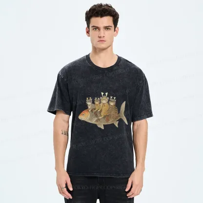 Tokyo-Tiger Funny Samurai Cat Riding a Fish Washed T-Shirt