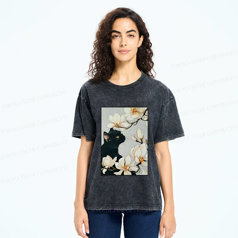 Tokyo-Tiger Cat Under Magnolia Blossoms Washed T-Shirt