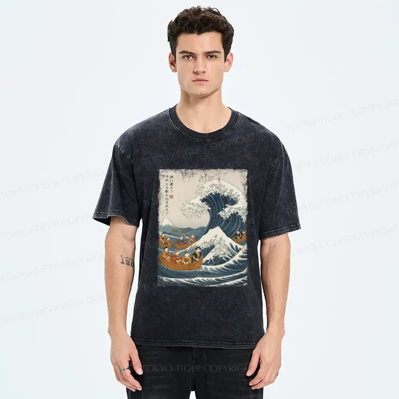 Tokyo-Tiger Japanese Cat Surfing Ukiyo-e Washed T-Shirt