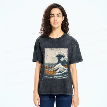 Tokyo-Tiger Japanese Cat Surfing Ukiyo-e Washed T-Shirt