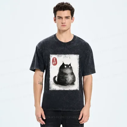 Tokyo-Tiger Auspicious Fluffy Black Cat Ink Painting Washed T-Shirt