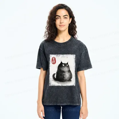 Tokyo-Tiger Auspicious Fluffy Black Cat Ink Painting Washed T-Shirt