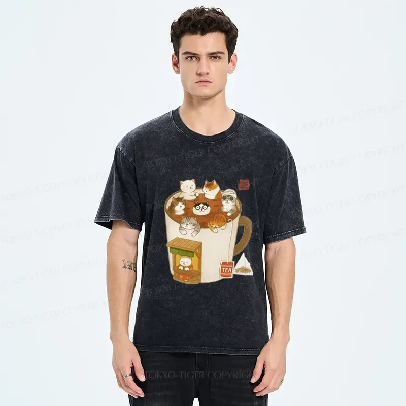 Tokyo-Tiger Funny Cat Brewing Tea Washed T-Shirt
