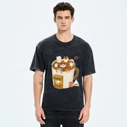 Tokyo-Tiger Funny Cat Brewing Tea Washed T-Shirt
