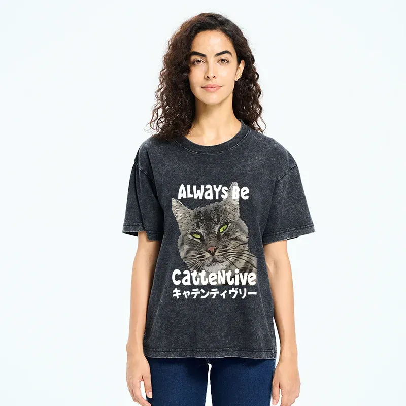 Tokyo-Tiger Always Be Cattentive Funny Washed T-Shirt