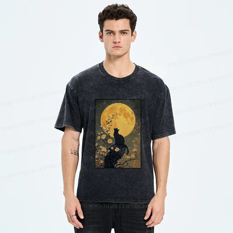 Tokyo-Tiger  Cat In The Moonlight Washed T-Shirt