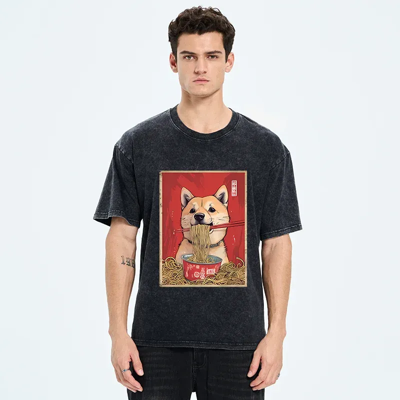 Tokyo-Tiger Shiba Lnu Eating Ramen Washed T-Shirt