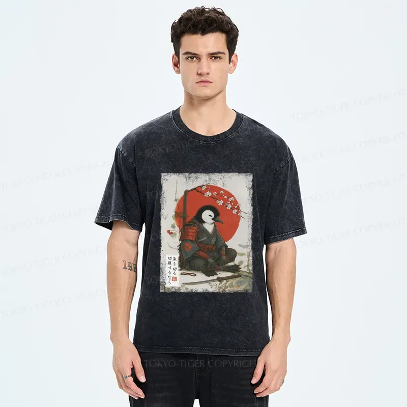 Tokyo-Tiger Japanese The Samurai Penguin Washed T-Shirt