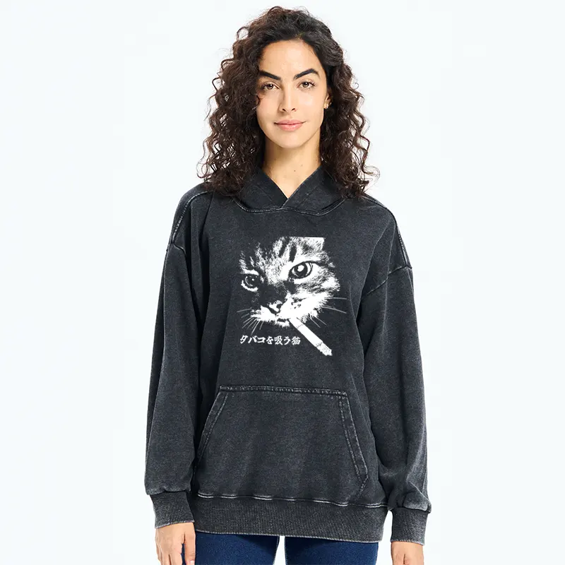 Tokyo-Tiger Retro Cat Smoking Washed Hoodie