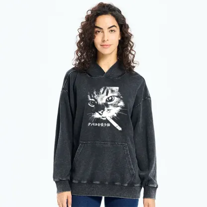 Tokyo-Tiger Retro Cat Smoking Washed Hoodie