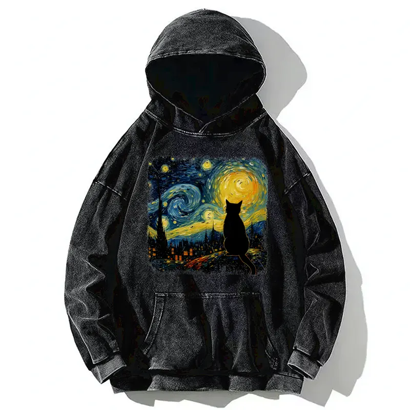 Tokyo-Tiger The Starry Night Cat Washed Hoodie