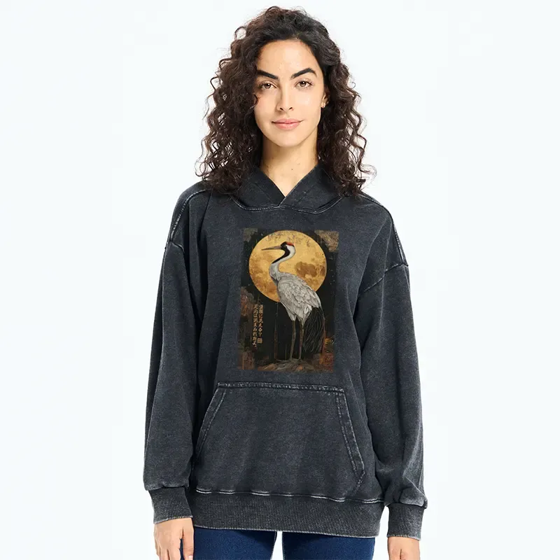 Tokyo-Tiger Vintage Japanese Crane Kanji Washed Hoodie