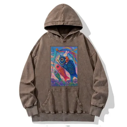 Tokyo-Tiger Ukiyoe Rabbit Ride Carp Streamer Poster Washed Hoodie