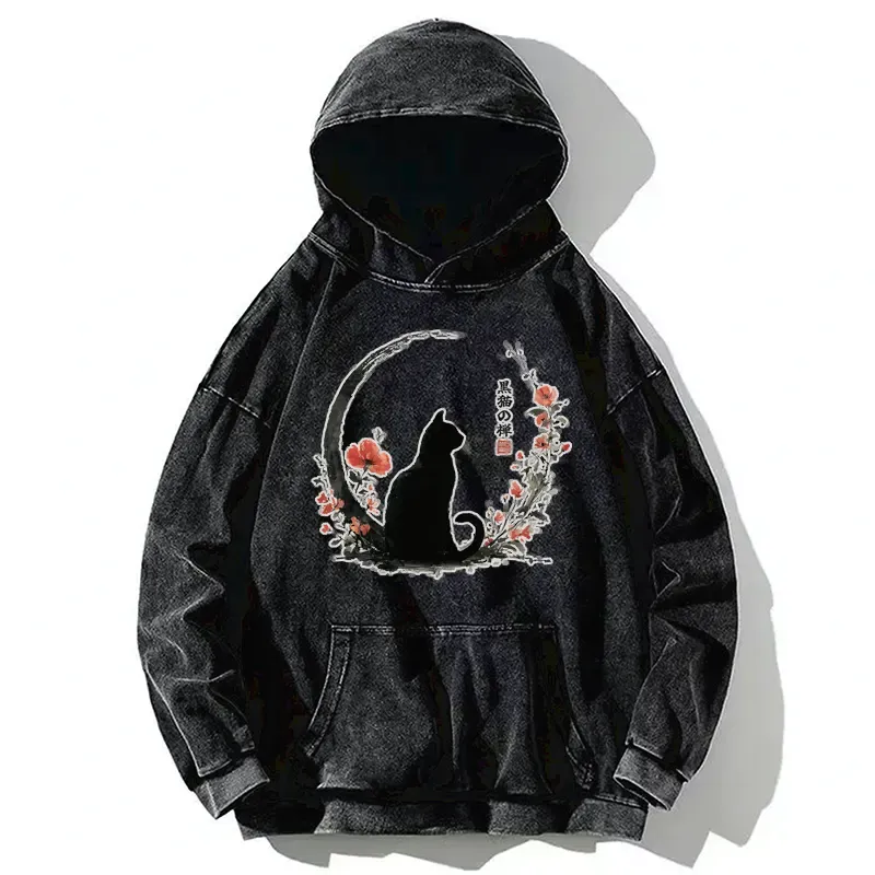 Tokyo-Tiger Black Cat And Flowers Washed Hoodie