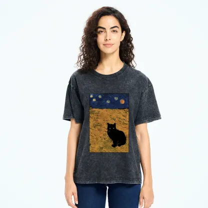 Tokyo-Tiger Cat In The Field Under Starry Sky Washed T-Shirt