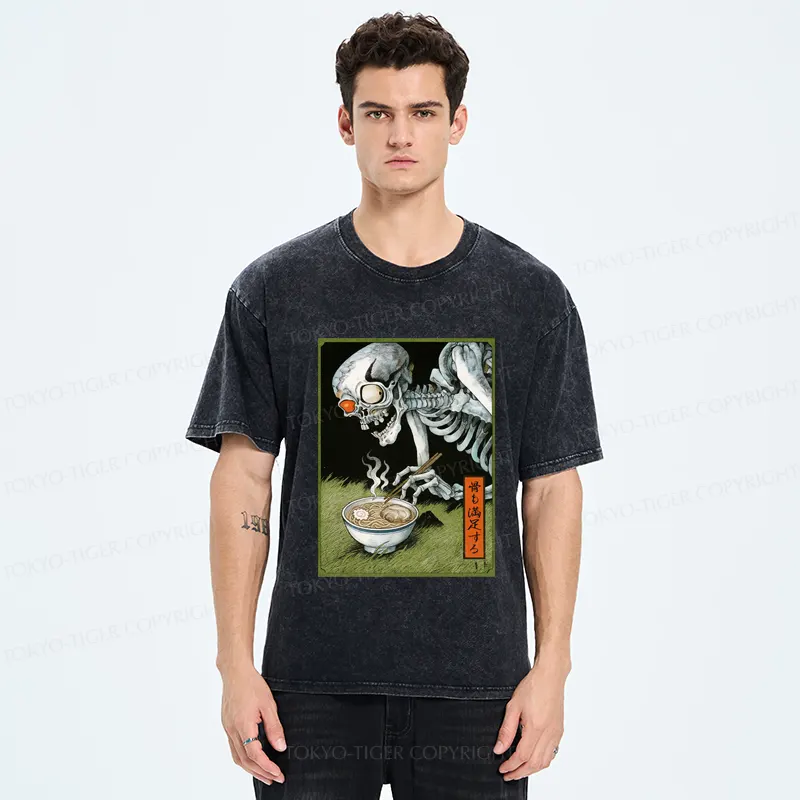 Tokyo-Tiger Ukiyo-e Skeleton Eating Ramen Washed T-Shirt