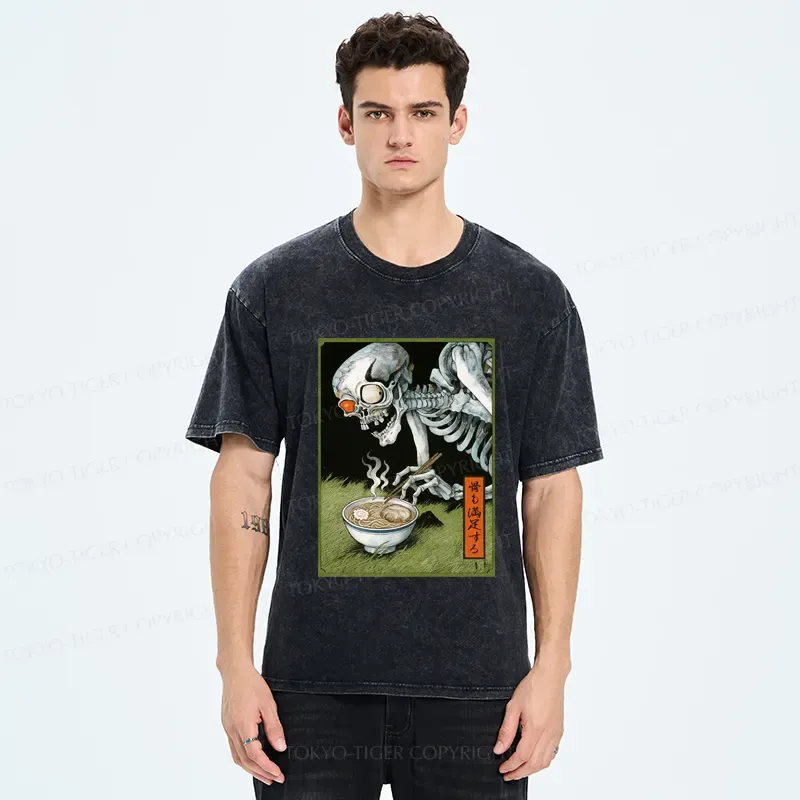 Tokyo-Tiger Ukiyo-e Skeleton Eating Ramen Washed T-Shirt