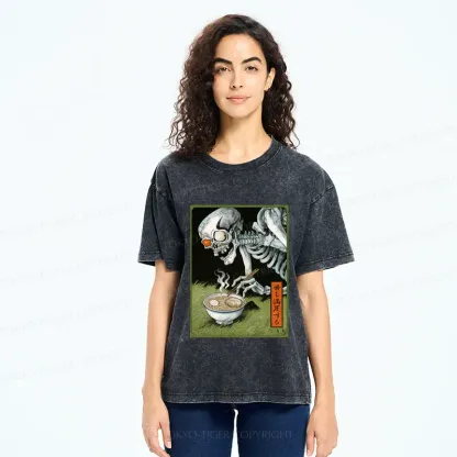Tokyo-Tiger Ukiyo-e Skeleton Eating Ramen Washed T-Shirt